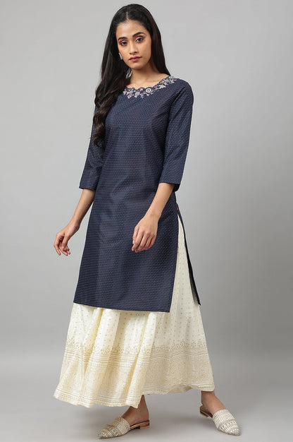 W for Woman Navy Blue Festive Kurta with Embroidered Neck