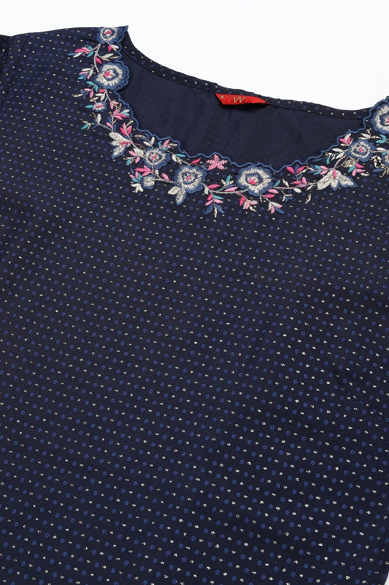 W for Woman Navy Blue Festive Kurta with Embroidered Neck
