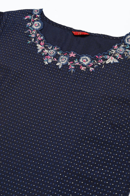 W for Woman Navy Blue Festive Kurta with Embroidered Neck