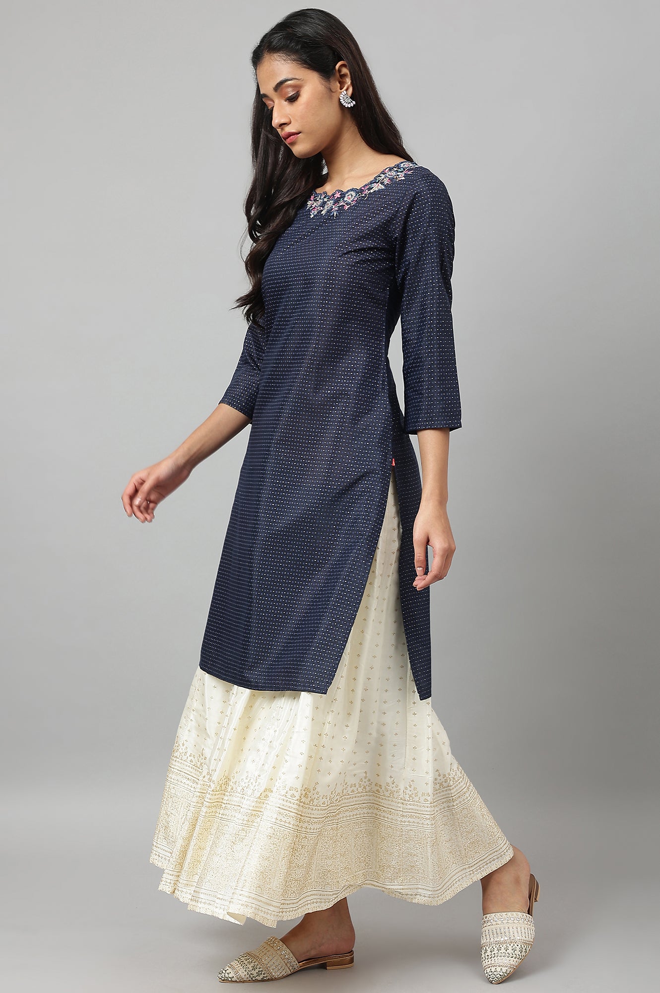 W for Woman Navy Blue Festive Kurta with Embroidered Neck