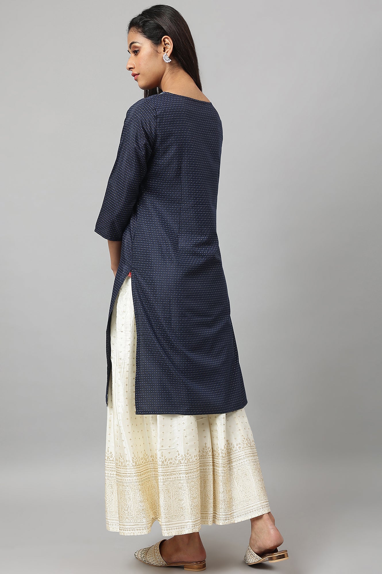 W for Woman Navy Blue Festive Kurta with Embroidered Neck
