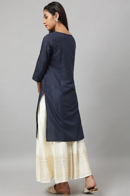 W for Woman Navy Blue Festive Kurta with Embroidered Neck