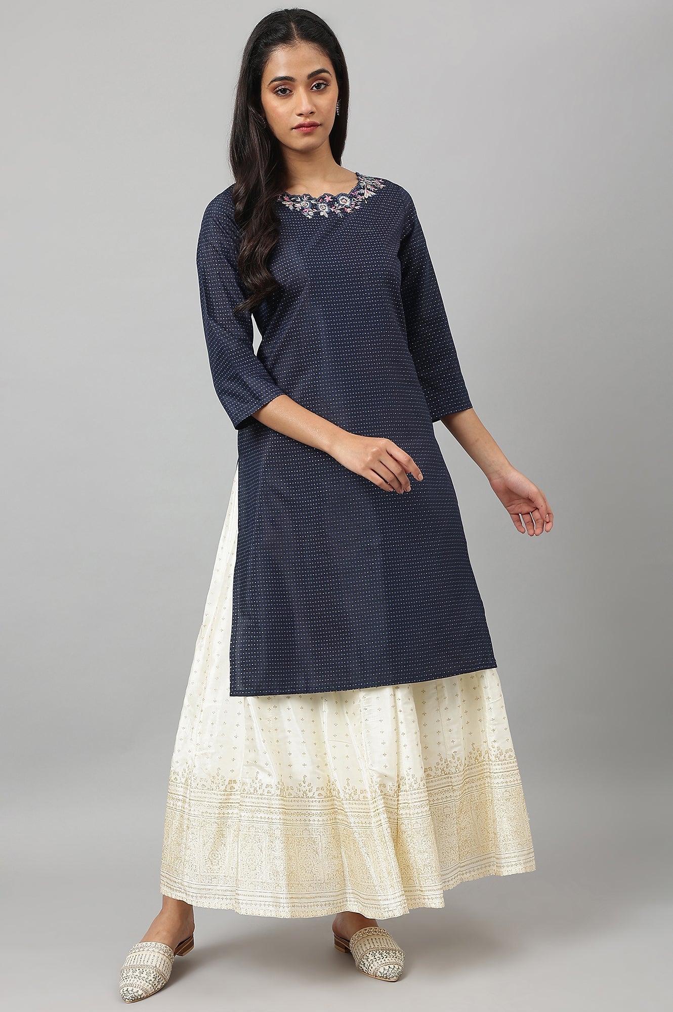 W for Woman Navy Blue Festive Kurta with Embroidered Neck