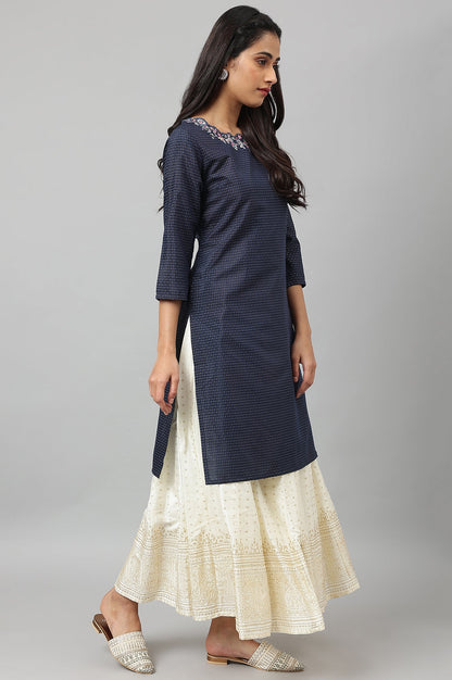 W for Woman Navy Blue Festive Kurta with Embroidered Neck