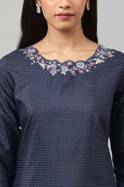 W for Woman Navy Blue Festive Kurta with Embroidered Neck