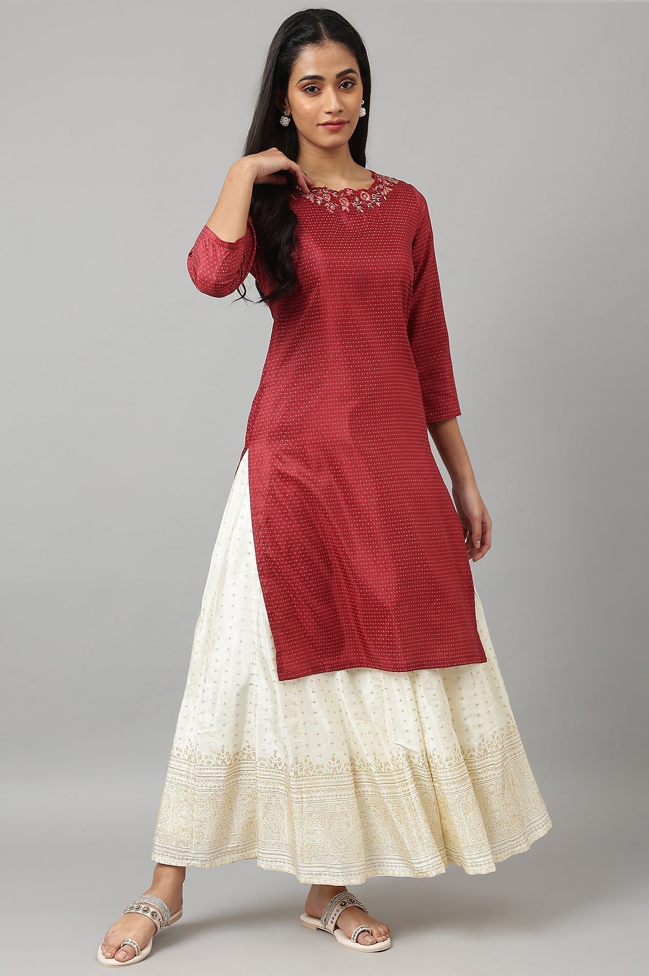 W for Woman Maroon Festive kurta With Embroidered Neck