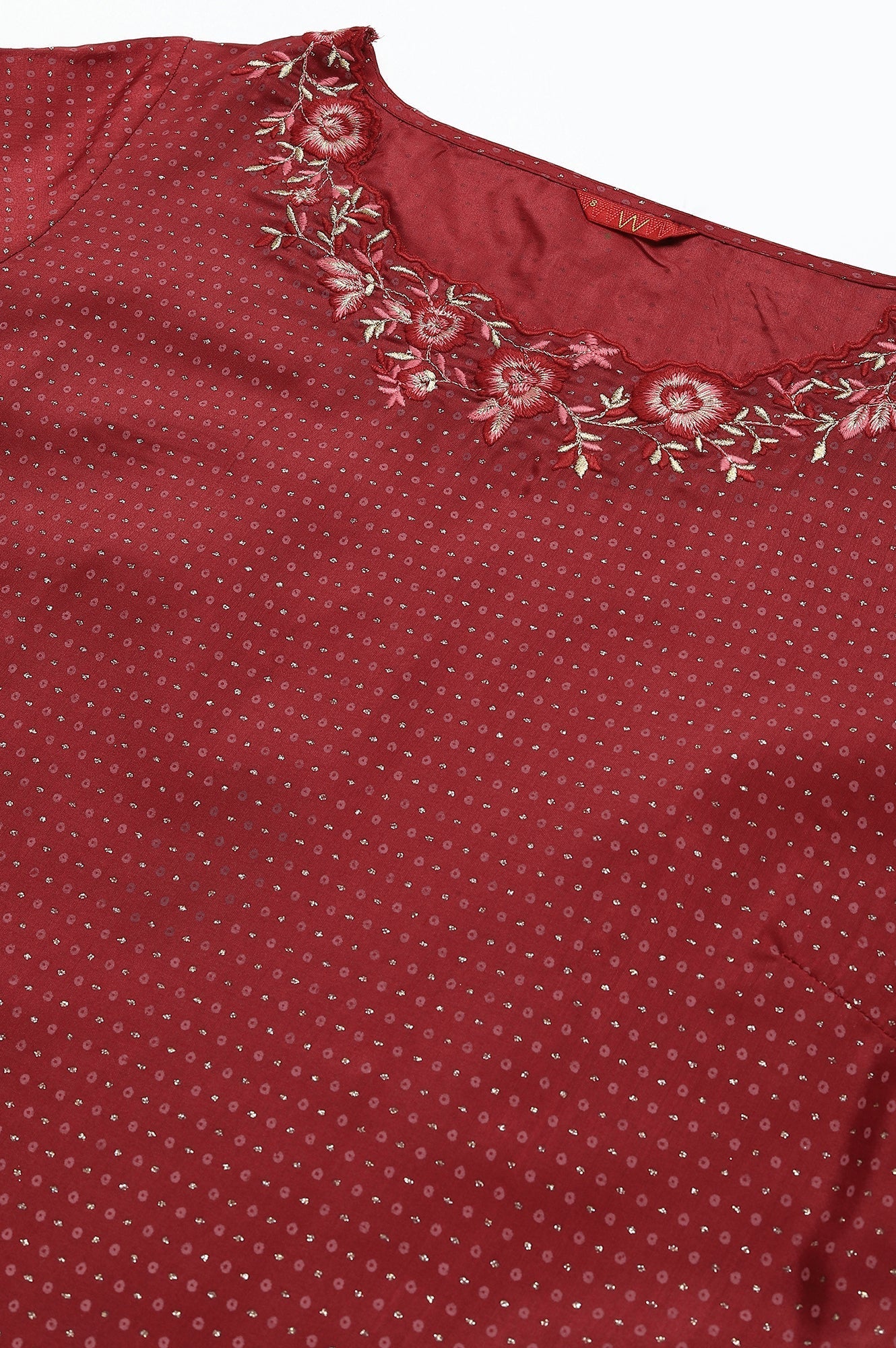 W for Woman Maroon Festive kurta With Embroidered Neck