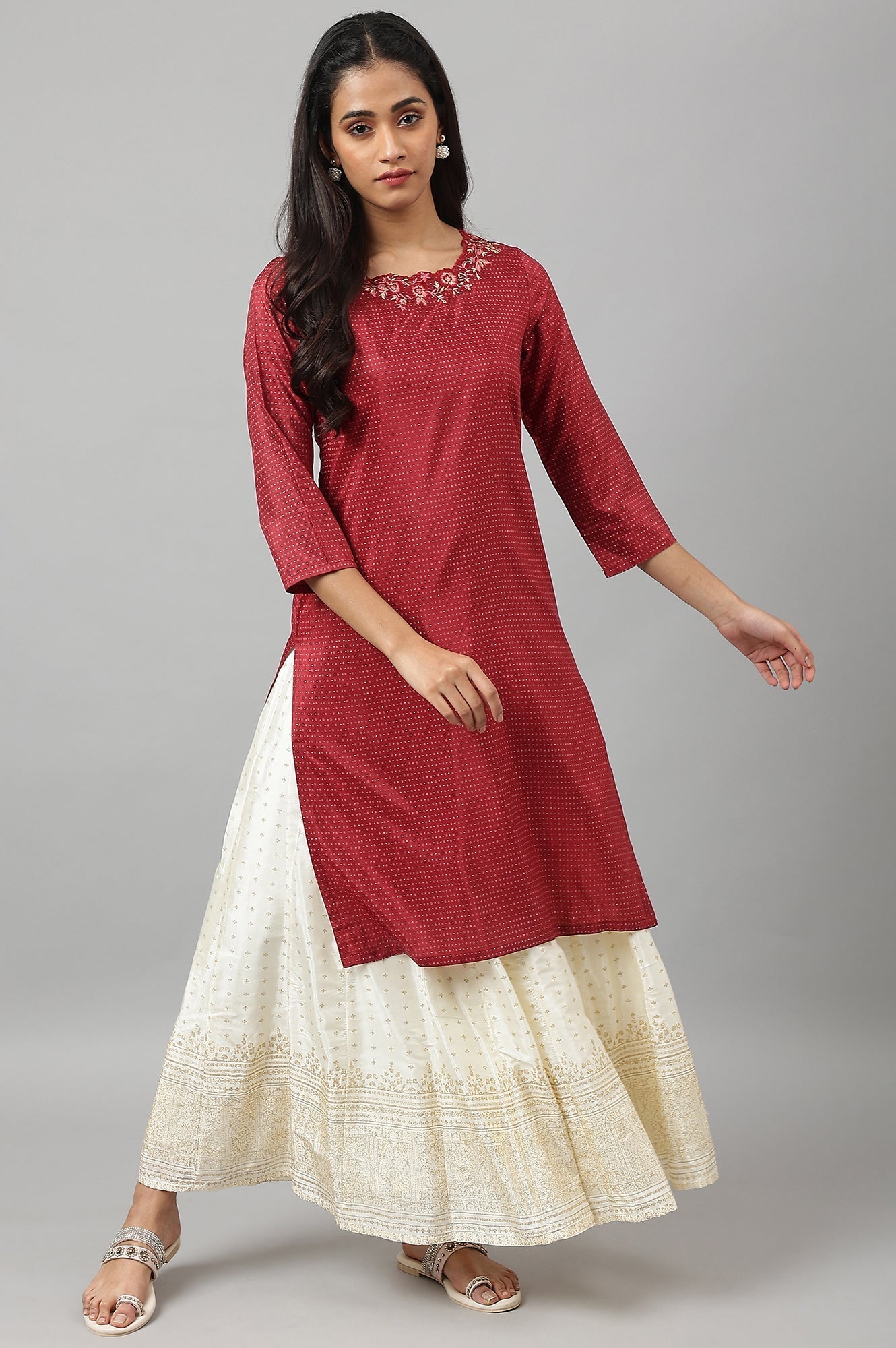 W for Woman Maroon Festive kurta With Embroidered Neck