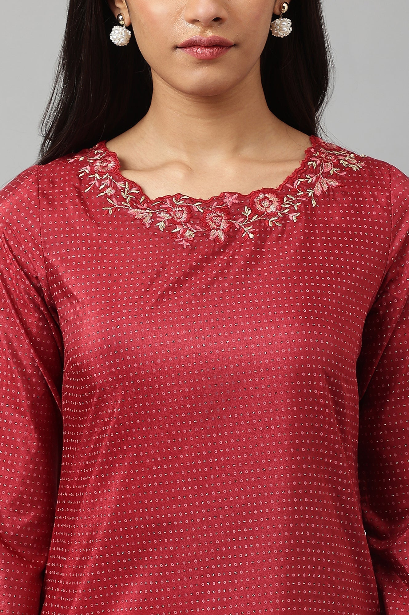 W for Woman Maroon Festive kurta With Embroidered Neck