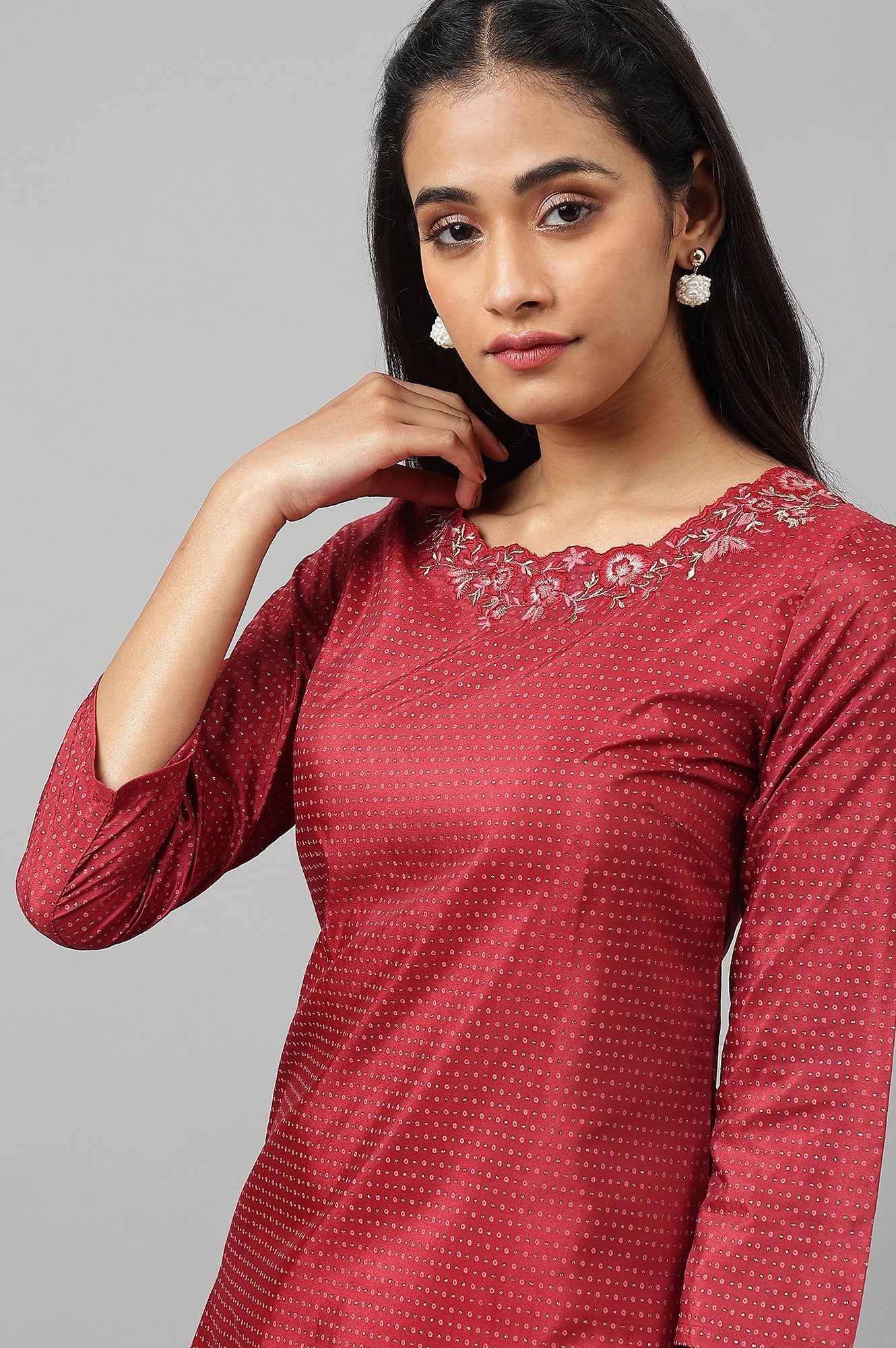 W for Woman Maroon Festive kurta With Embroidered Neck