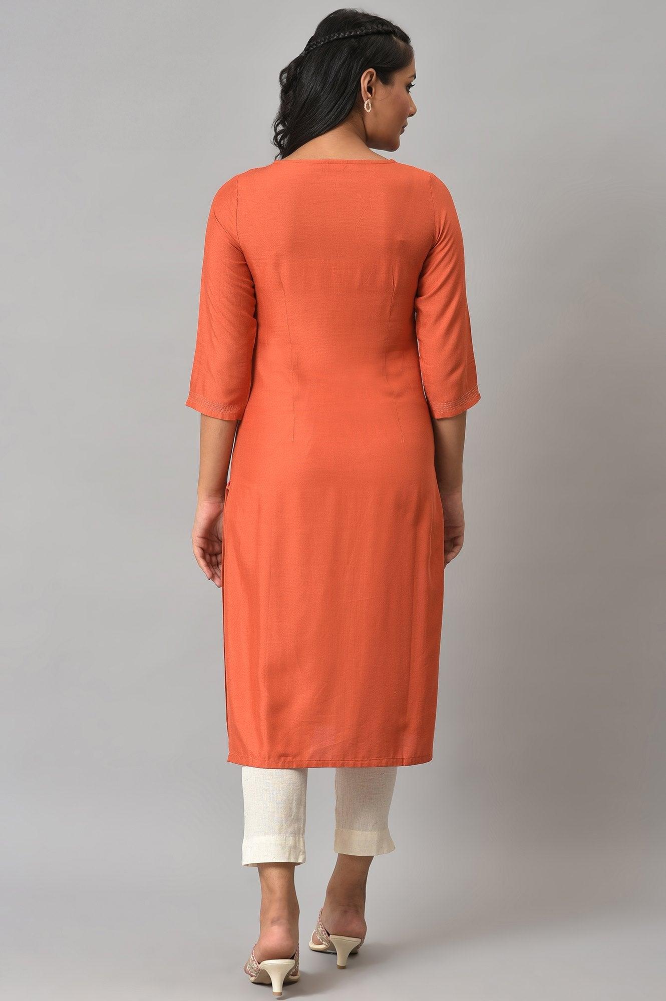 W for Woman Orange Panelled Dobby Festive kurta