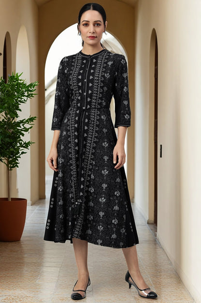 W for Woman Black Floral Printed Panelled Indie Dress