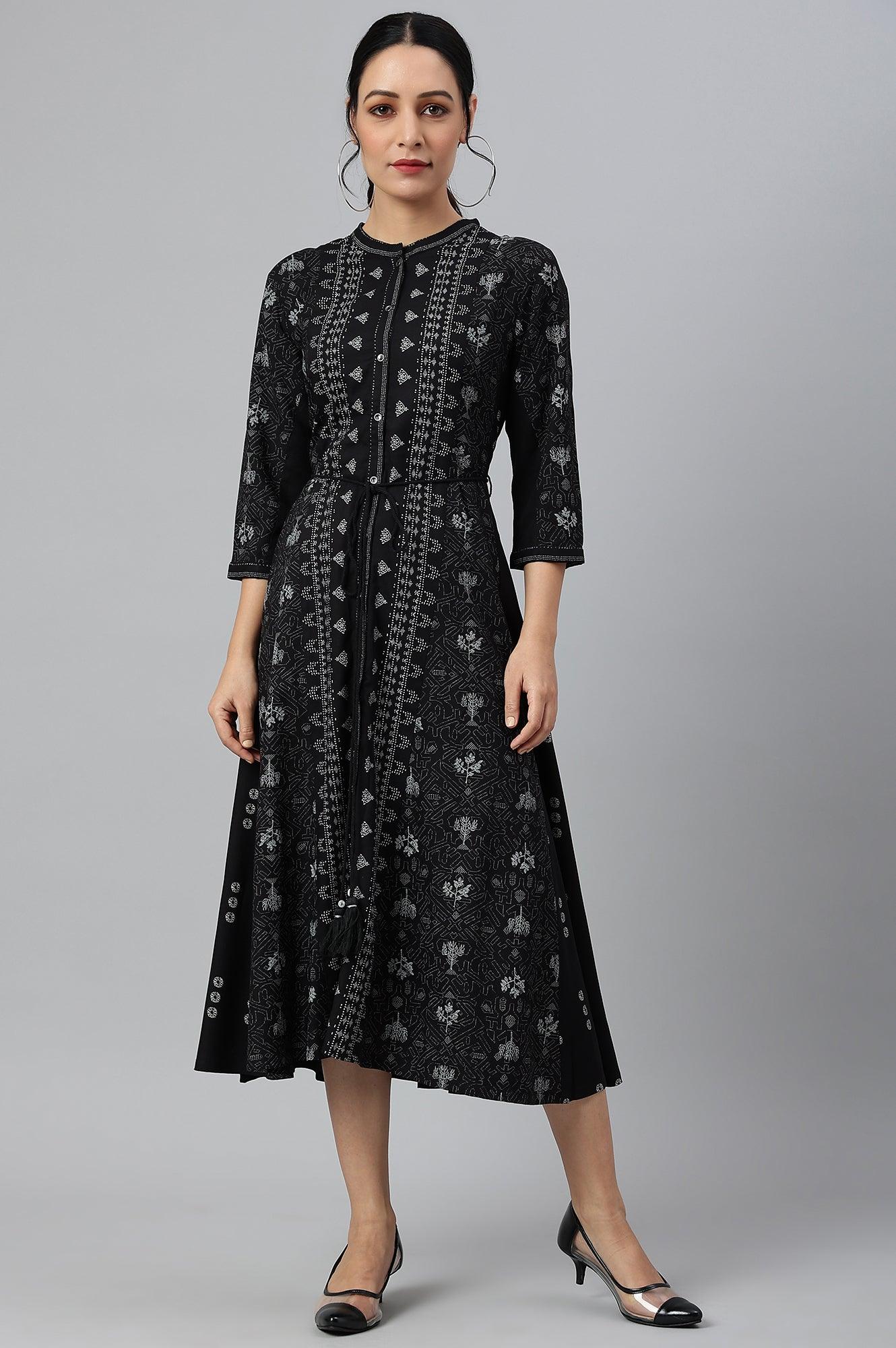 W for Woman Black Floral Printed Panelled Indie Dress