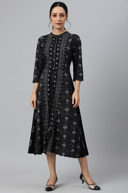W for Woman Black Floral Printed Panelled Indie Dress