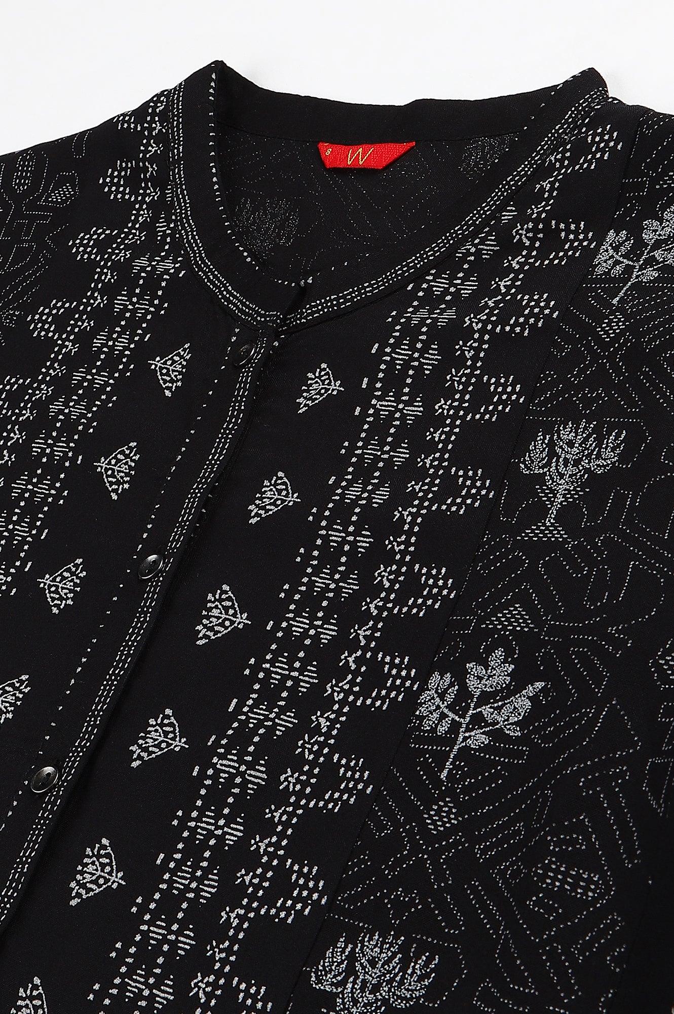 W for Woman Black Floral Printed Panelled Indie Dress