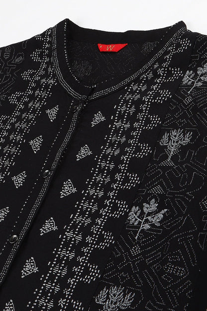 W for Woman Black Floral Printed Panelled Indie Dress