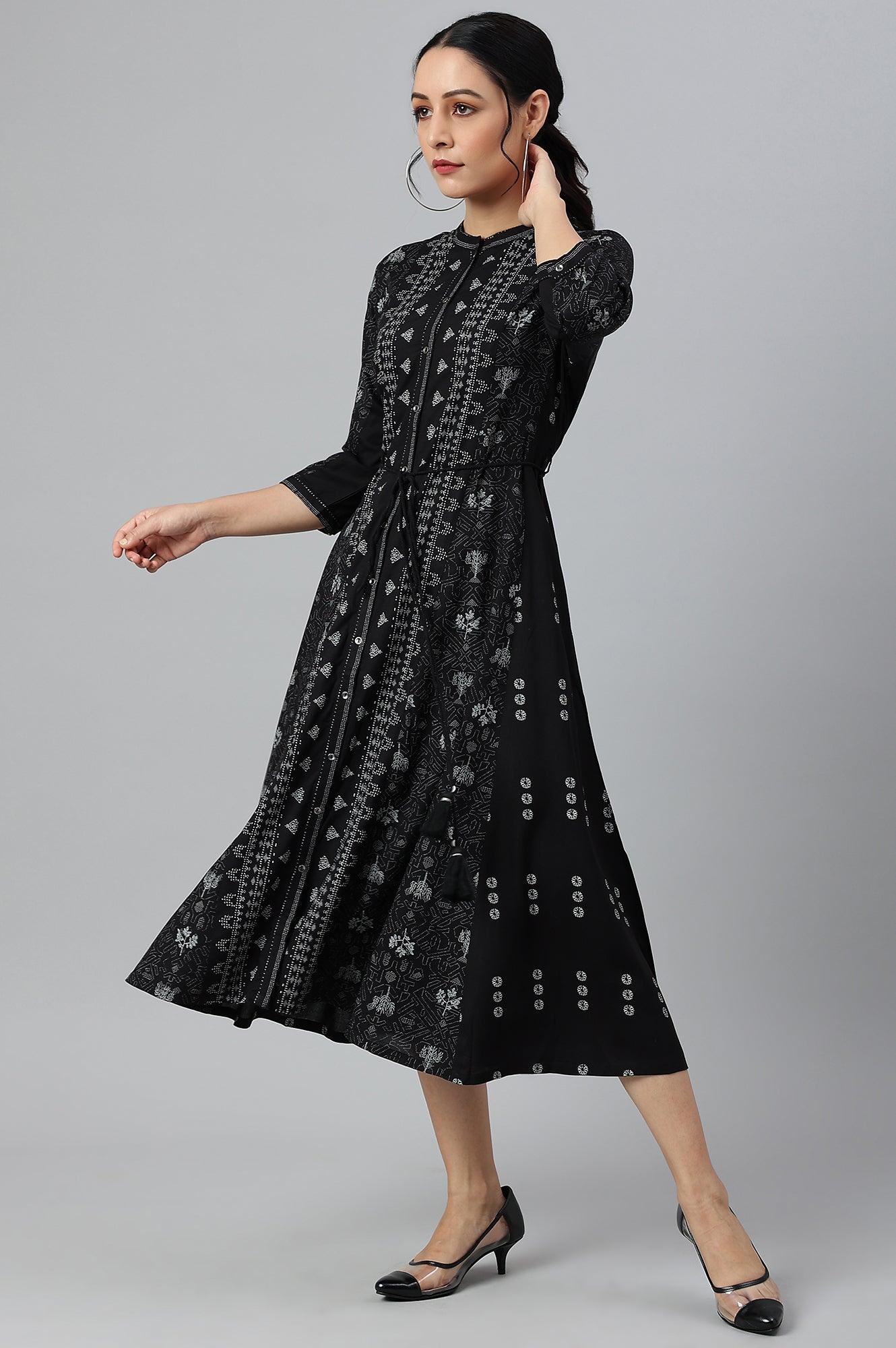 W for Woman Black Floral Printed Panelled Indie Dress