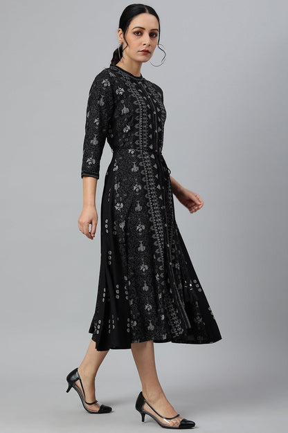 W for Woman Black Floral Printed Panelled Indie Dress