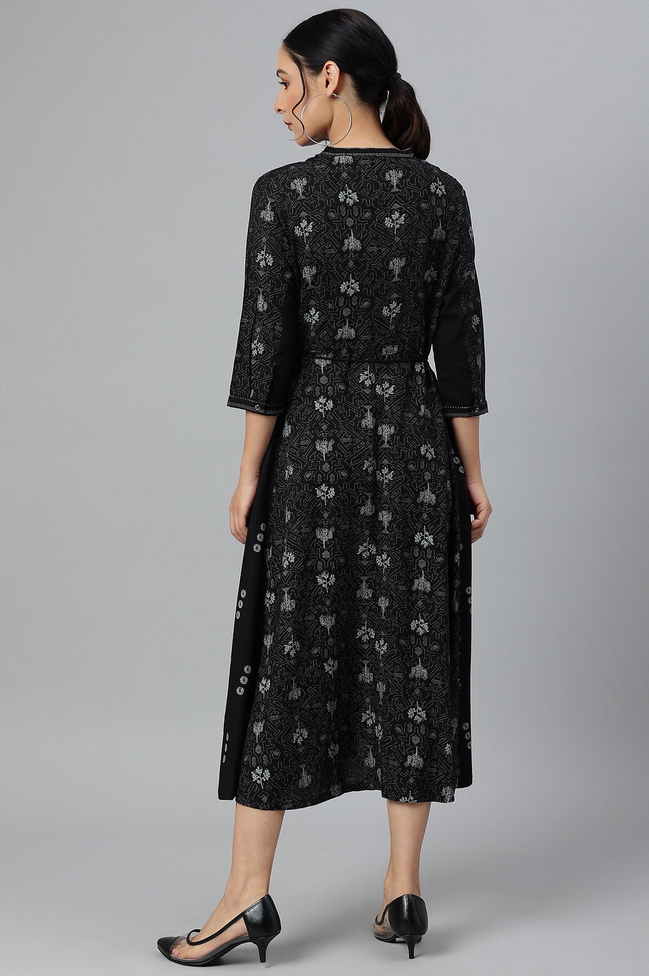 W for Woman Black Floral Printed Panelled Indie Dress