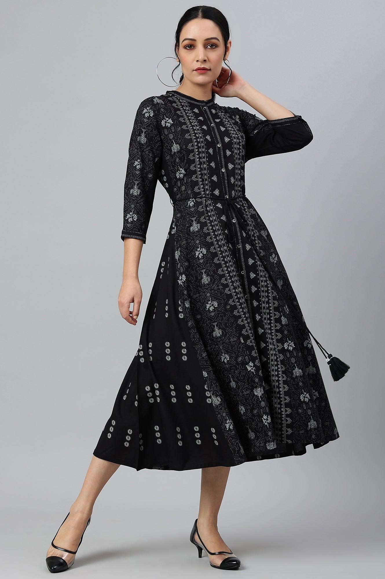 W for Woman Black Floral Printed Panelled Indie Dress