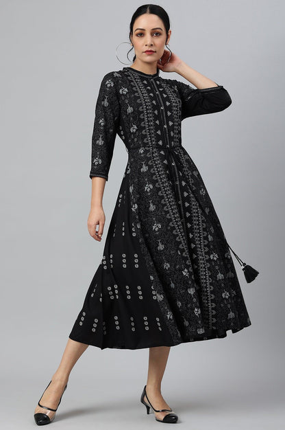 W for Woman Black Floral Printed Panelled Indie Dress