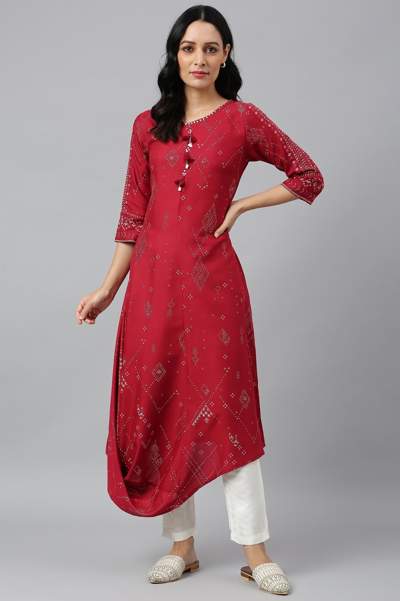W for Woman Maroon Cowl Hemline kurta With Shell Detail