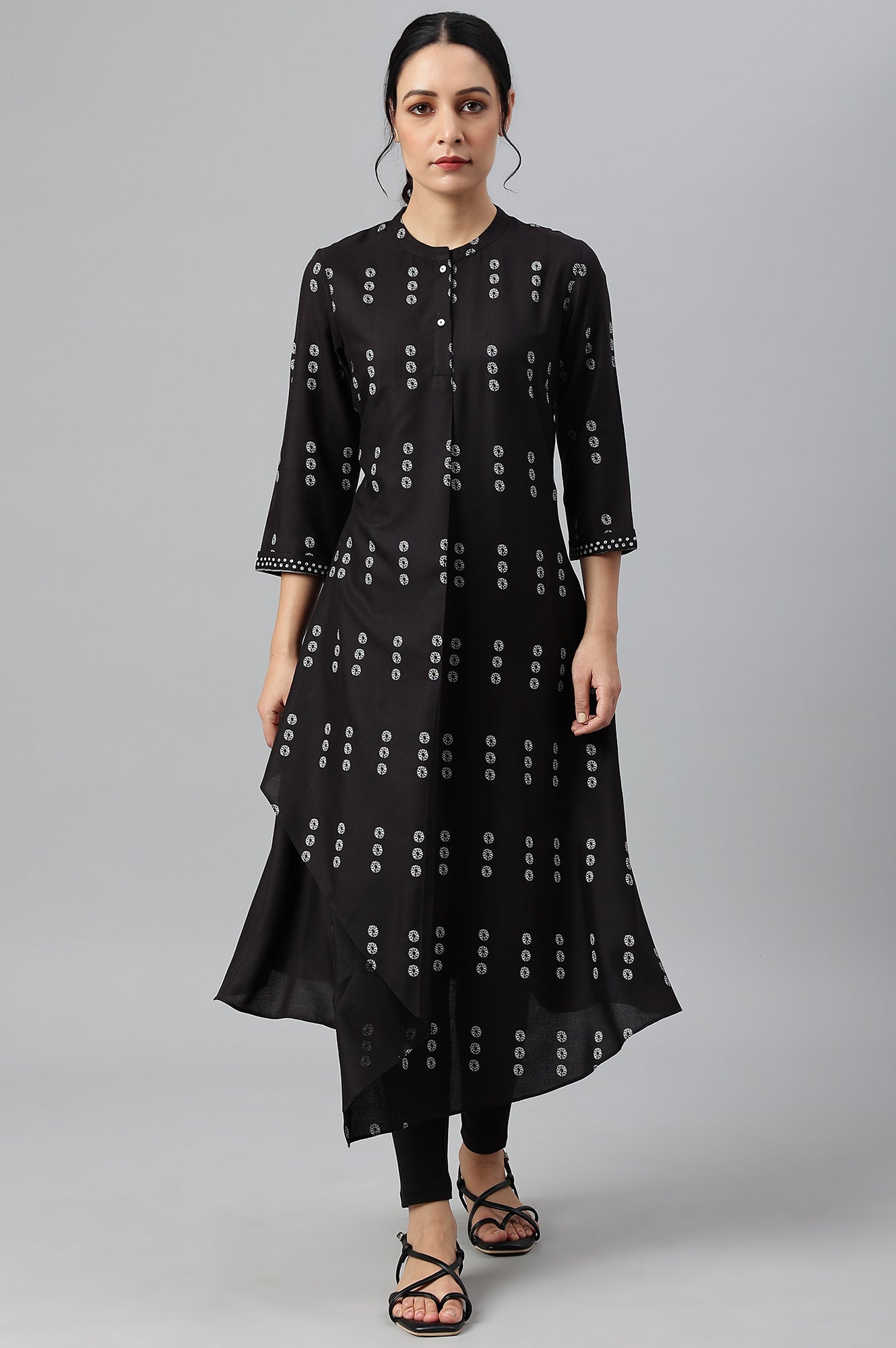 W for Woman Black Rayon A-Line kurta With Asymmetric Hemline