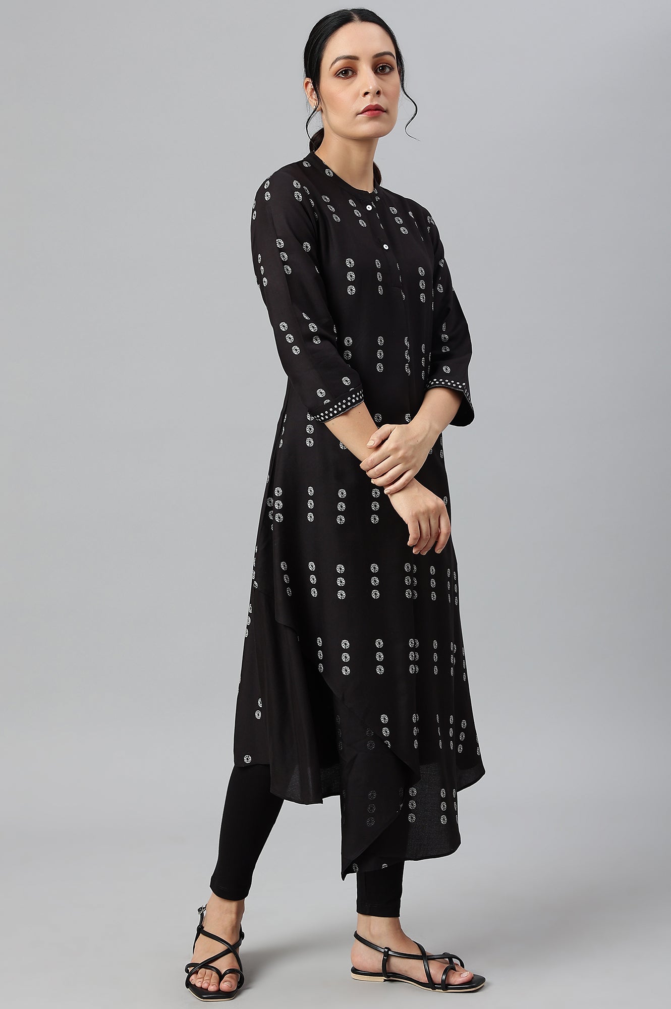 W for Woman Black Rayon A-Line kurta With Asymmetric Hemline