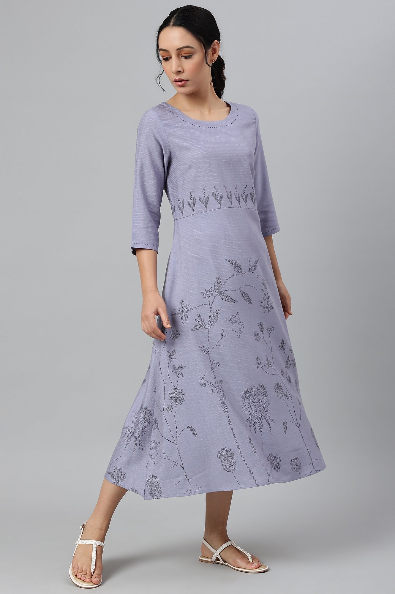 W for Woman Blue Floral kurta With Kantha Details