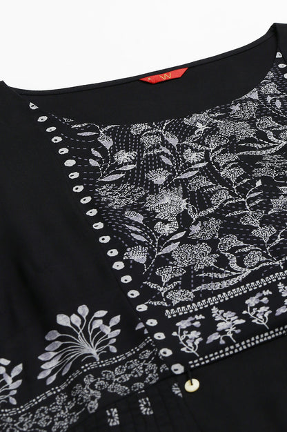 W for Woman Black Floral Side Pleated kurta In Round Neck
