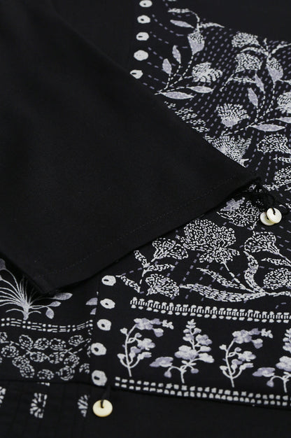 W for Woman Black Floral Side Pleated kurta In Round Neck