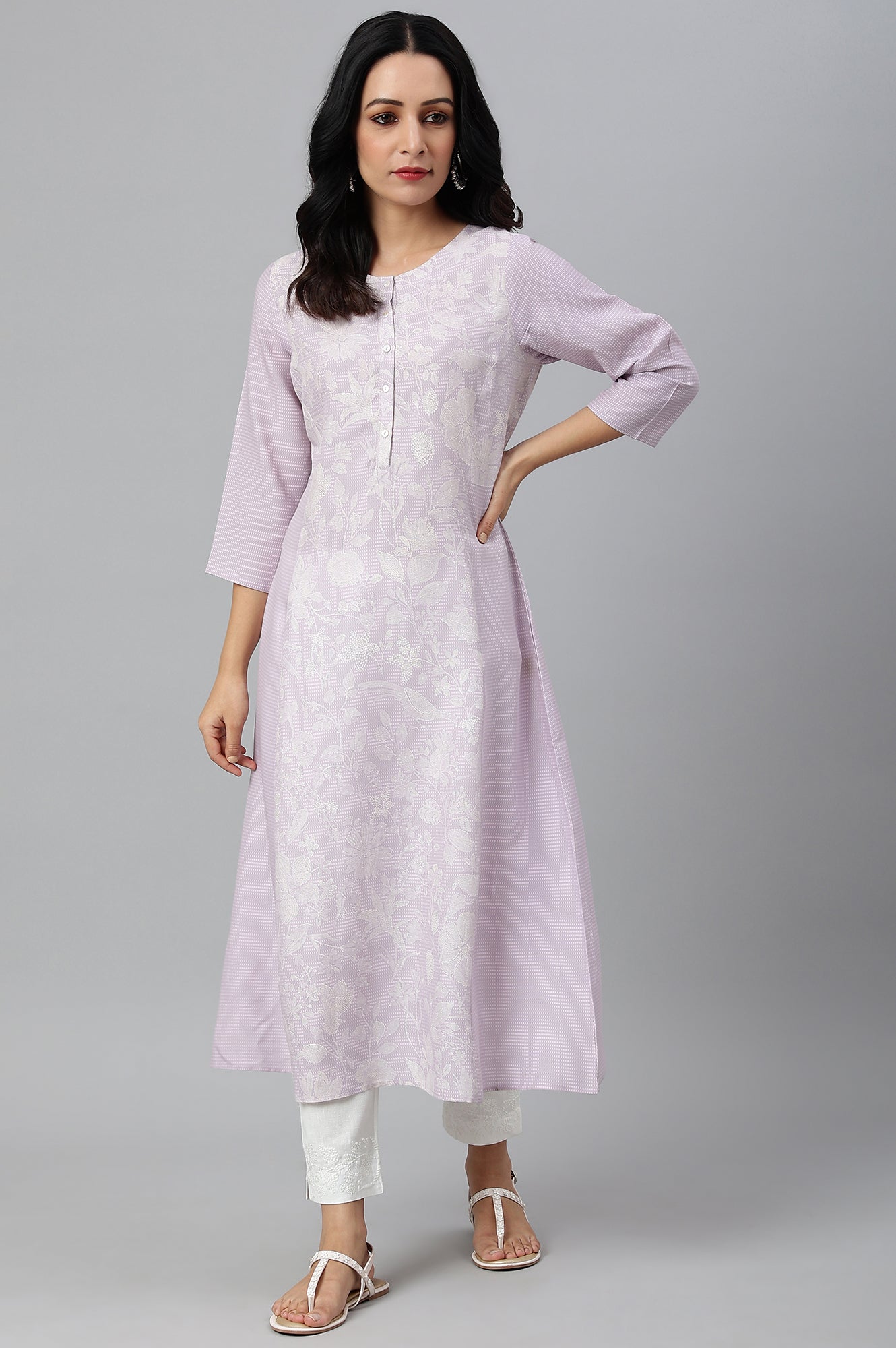 W for Woman Purple Floral Printed Half Placket kurta