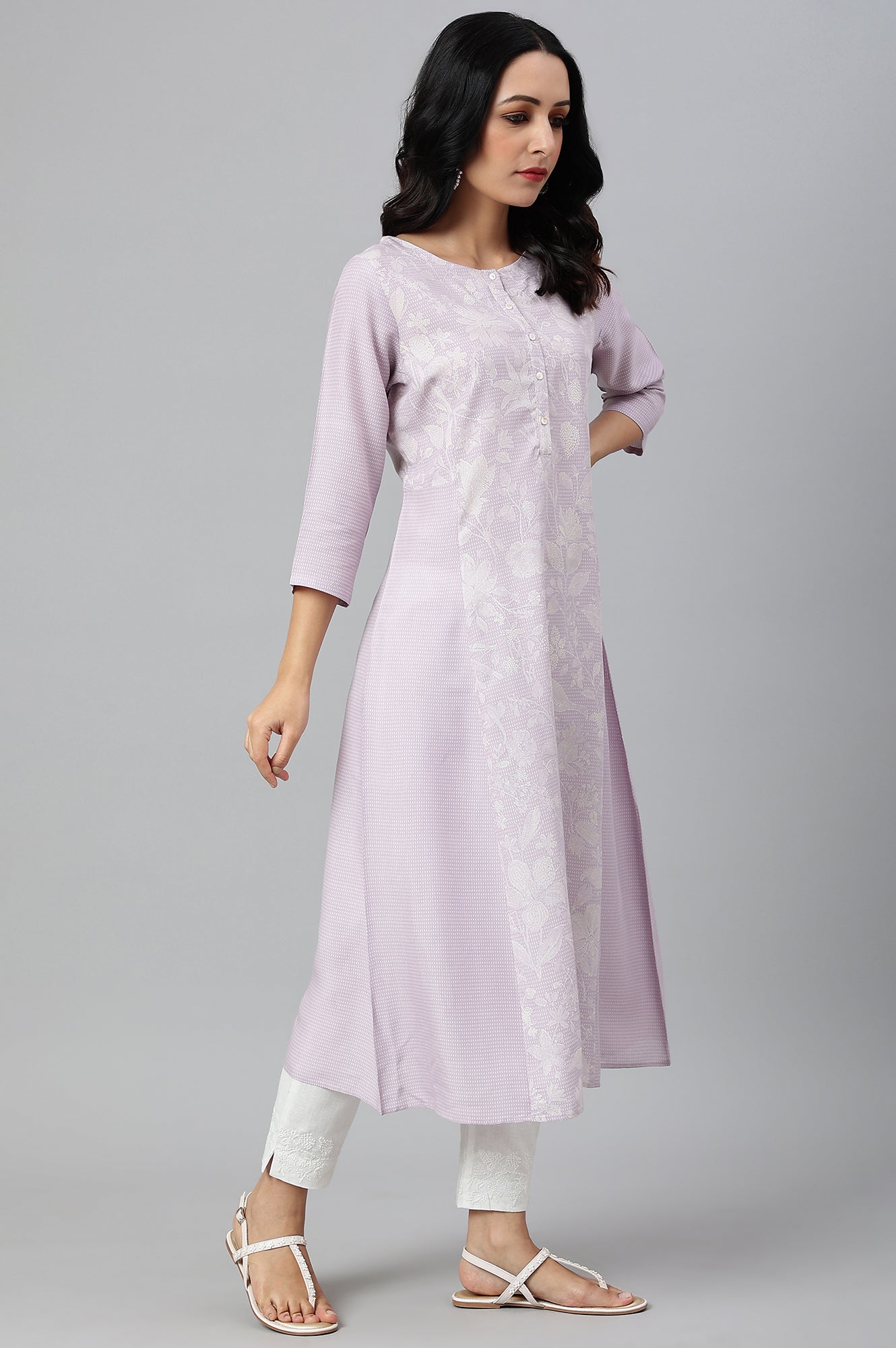 W for Woman Purple Floral Printed Half Placket kurta