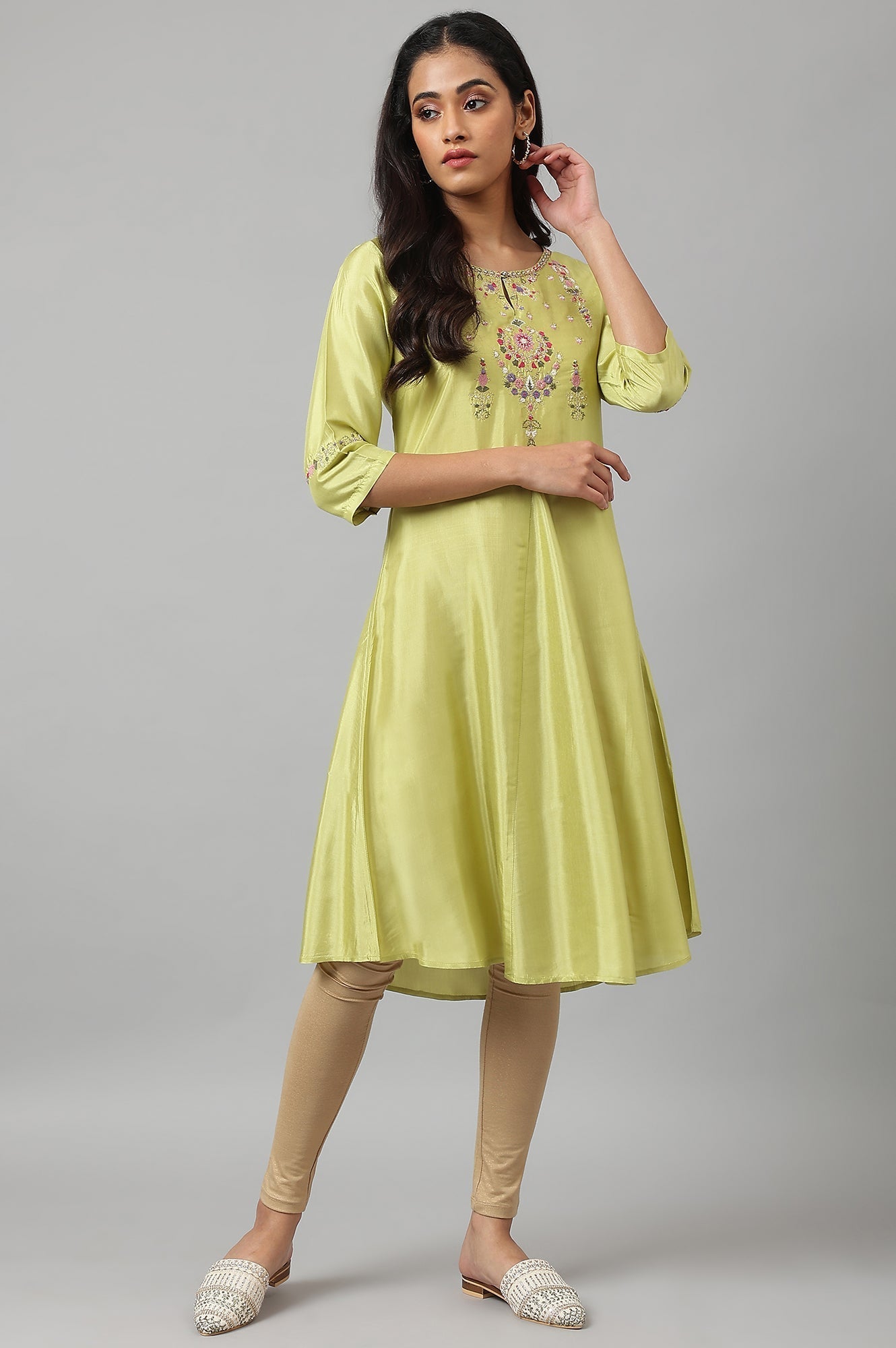 W for Woman Green Embroidered A-line Kurta