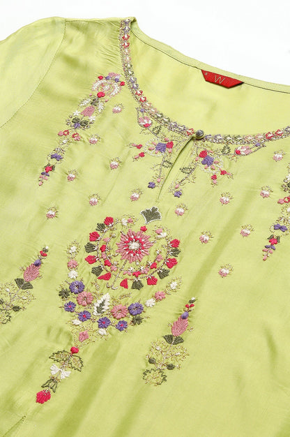 W for Woman Green Embroidered A-line Kurta