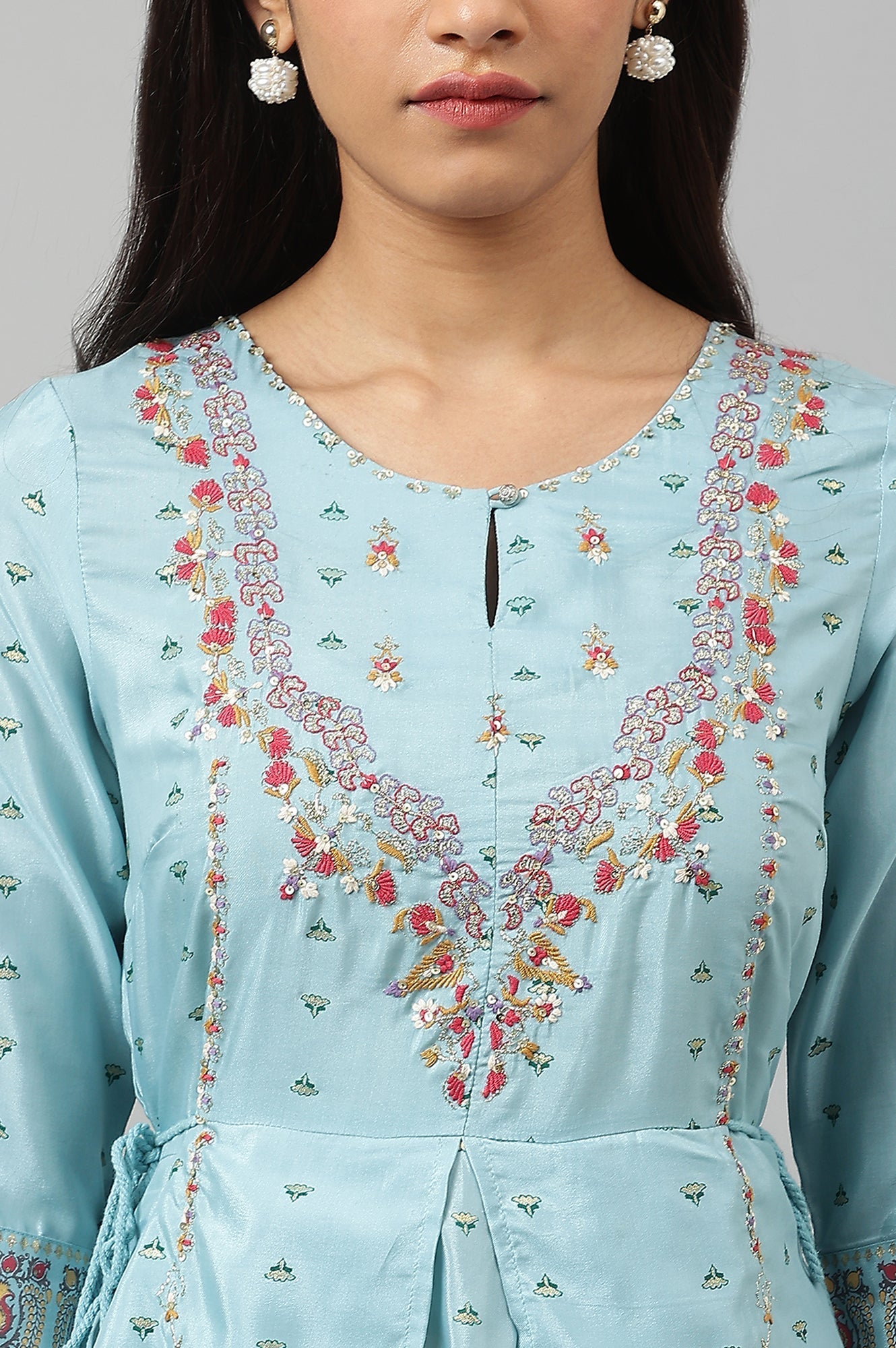 W for Woman Light Blue Attached Dress With Embroidery