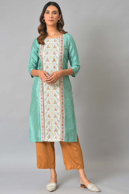 W for Woman Green And Ecru Mock Layered Printed Plus Size kurta