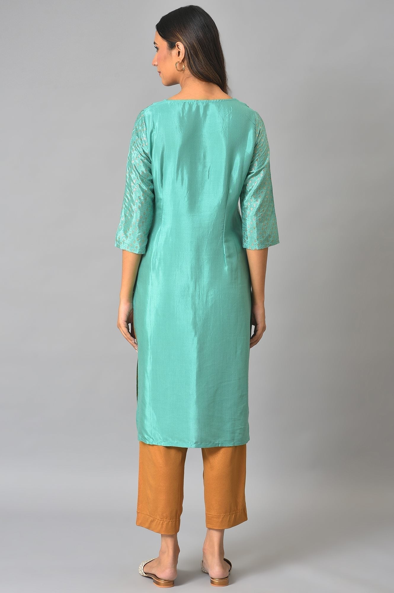 W for Woman Green And Ecru Mock Layered Printed Plus Size kurta