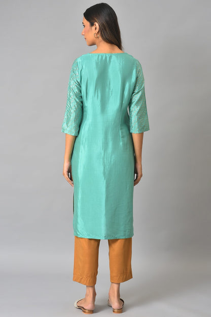 W for Woman Green And Ecru Mock Layered Printed Plus Size kurta