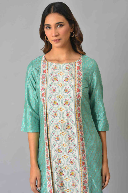 W for Woman Green And Ecru Mock Layered Printed Plus Size kurta