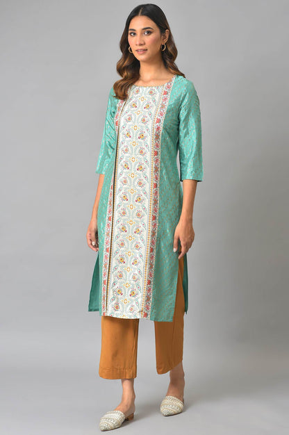 W for Woman Green And Ecru Mock Layered Printed Plus Size kurta