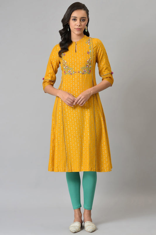 W for Woman Mustard Glitter Printed And Embroidered kurta