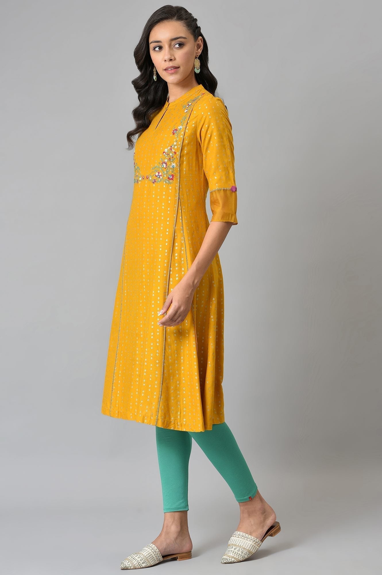 W for Woman Mustard Glitter Printed And Embroidered kurta