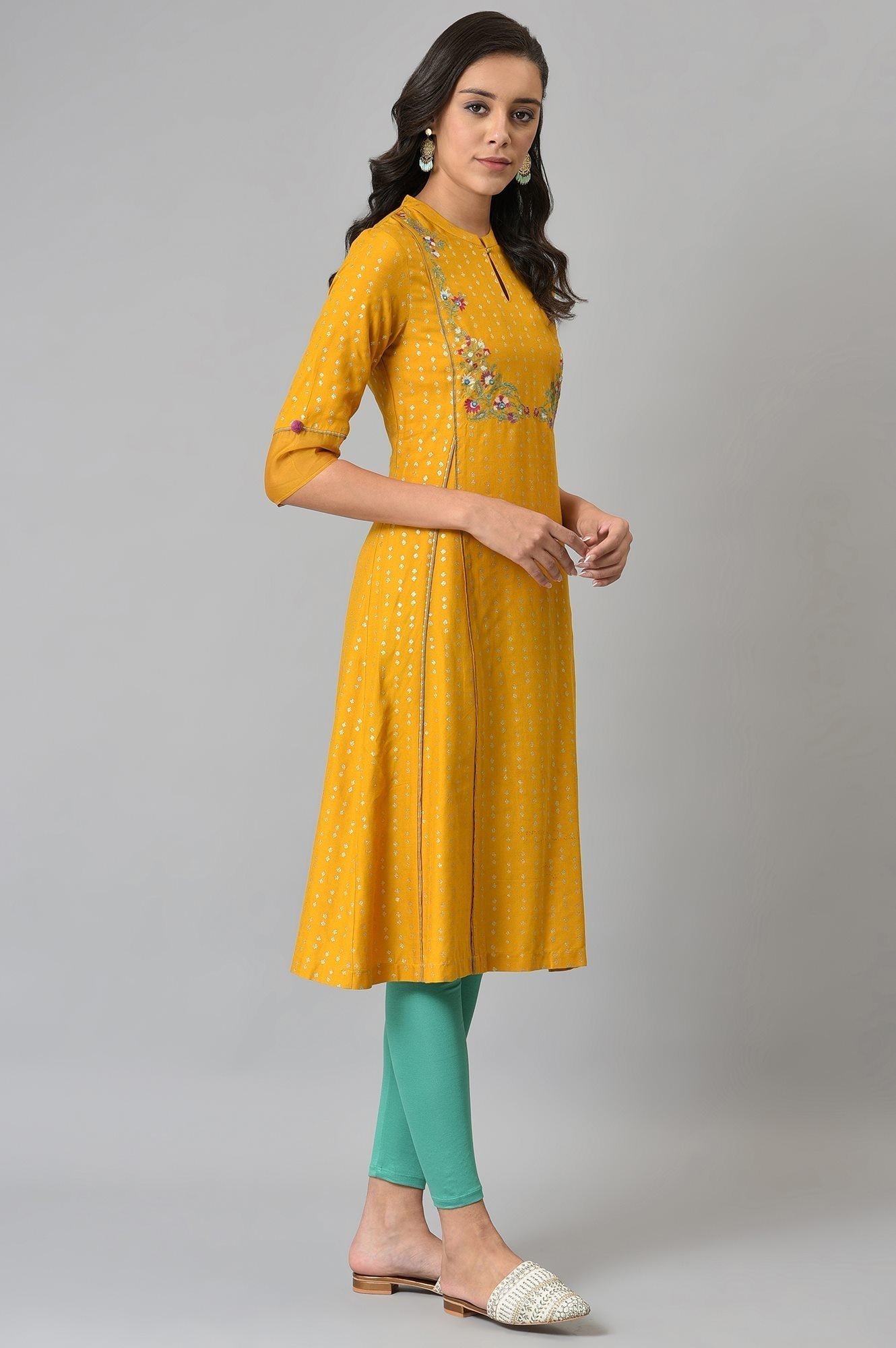 W for Woman Mustard Glitter Printed And Embroidered kurta