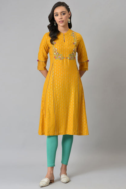 W for Woman Mustard Glitter Printed And Embroidered kurta
