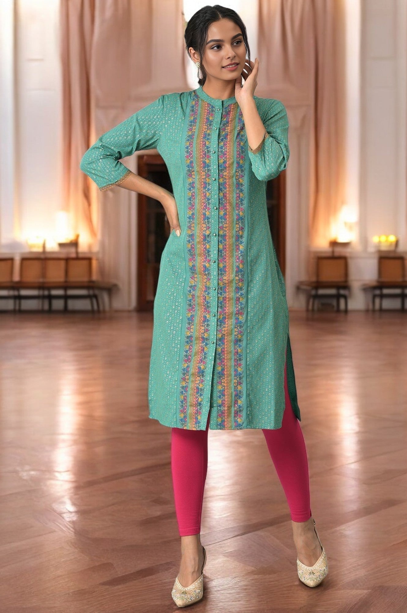 W for Woman Pop Green Printed Festive Full Placket kurta