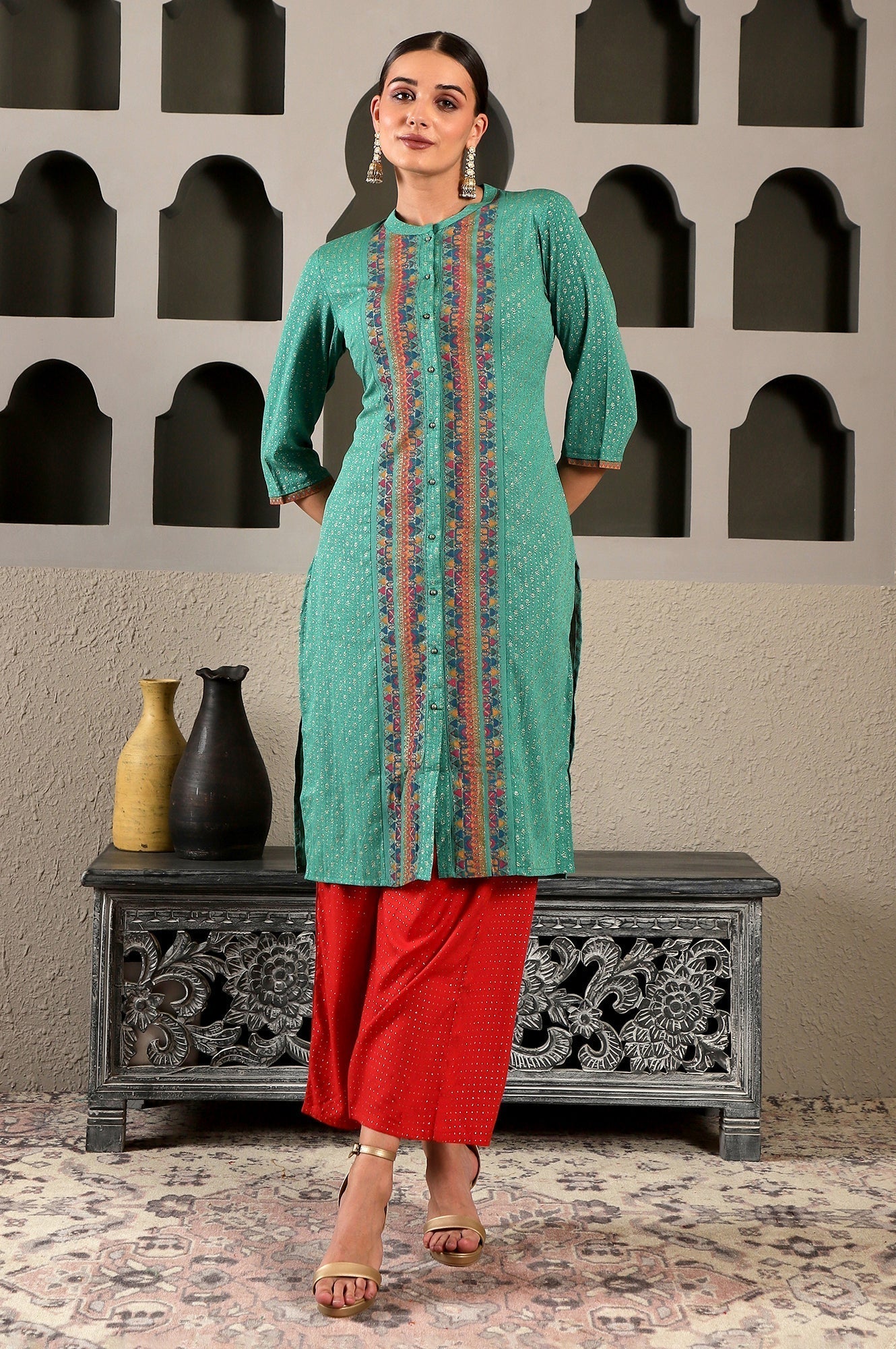 W for Woman Pop Green Printed Festive Full Placket kurta