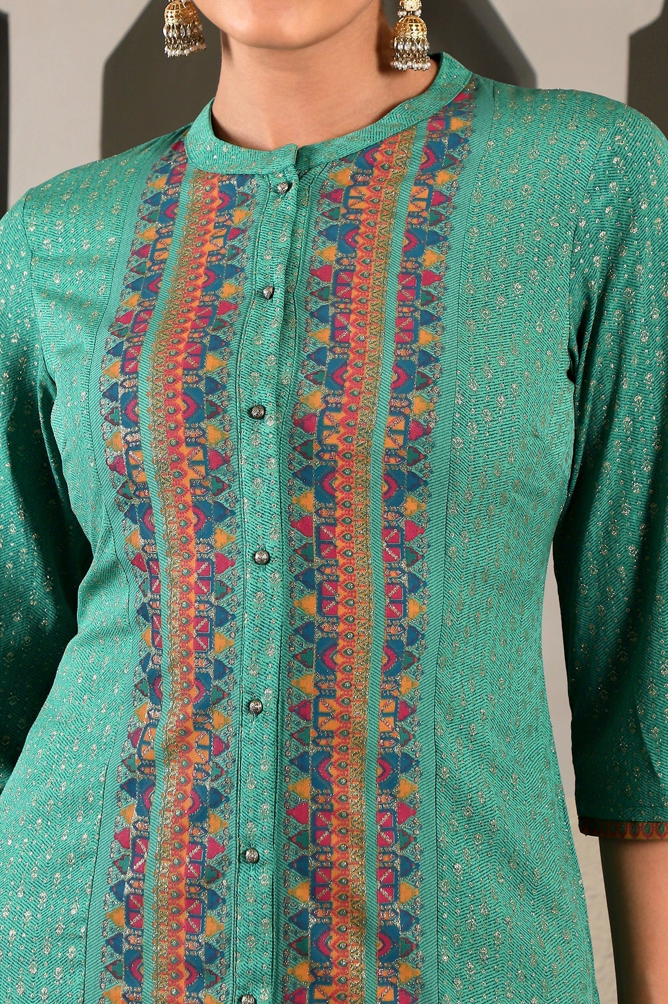 W for Woman Pop Green Printed Festive Full Placket kurta