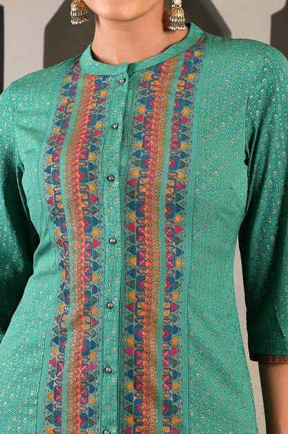 W for Woman Pop Green Printed Festive Full Placket kurta