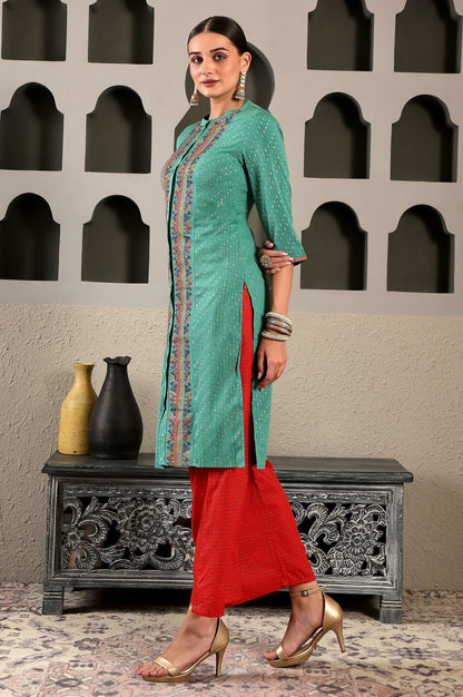 W for Woman Pop Green Printed Festive Full Placket kurta